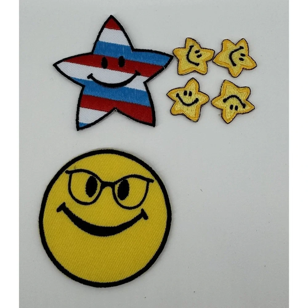 Lot Smiley Face & Star Embroidered Iron On Patches Retro Y2K Kawaii Americana